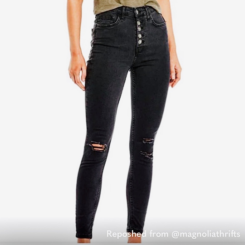 NWT FREE PEOPLE Sabrina Distressed High Rise Skinny Jeans, Black, Size 25